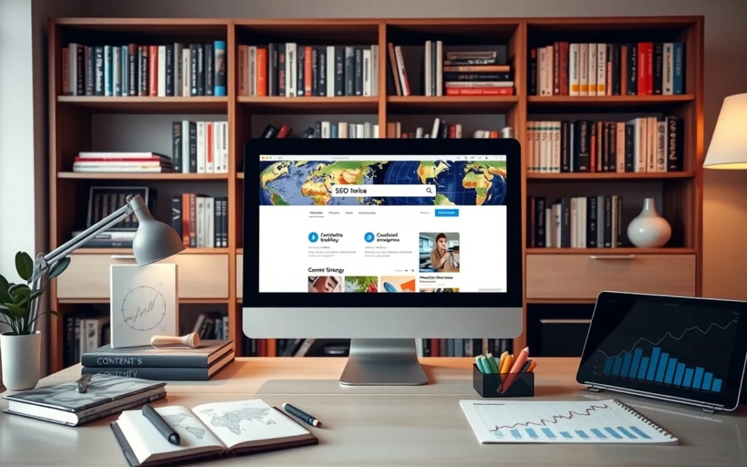 Bureau moderne avec un ordinateur et des livres sur le Marketing et le SEO.