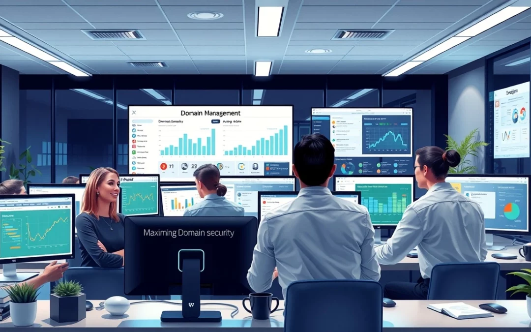 Illustration d'un bureau moderne avec des professionnels utilisant des outils automatisés pour la gestion de la sécurité des domaines.