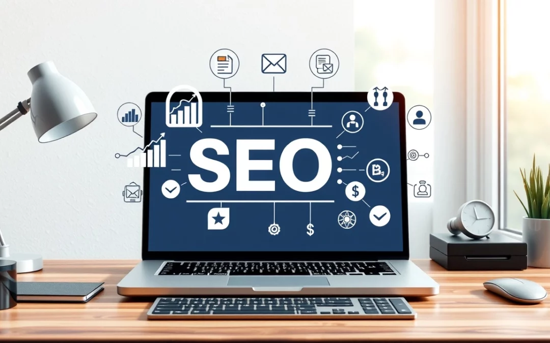 Image illustrant une configuration de bureau moderne avec un ordinateur portable et des éléments de SEO et branding.