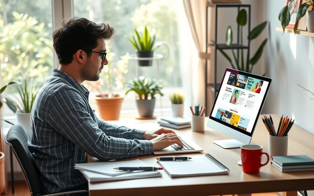 Une personne travaillant sur un ordinateur portable avec un environnement de bureau moderne et lumineux.