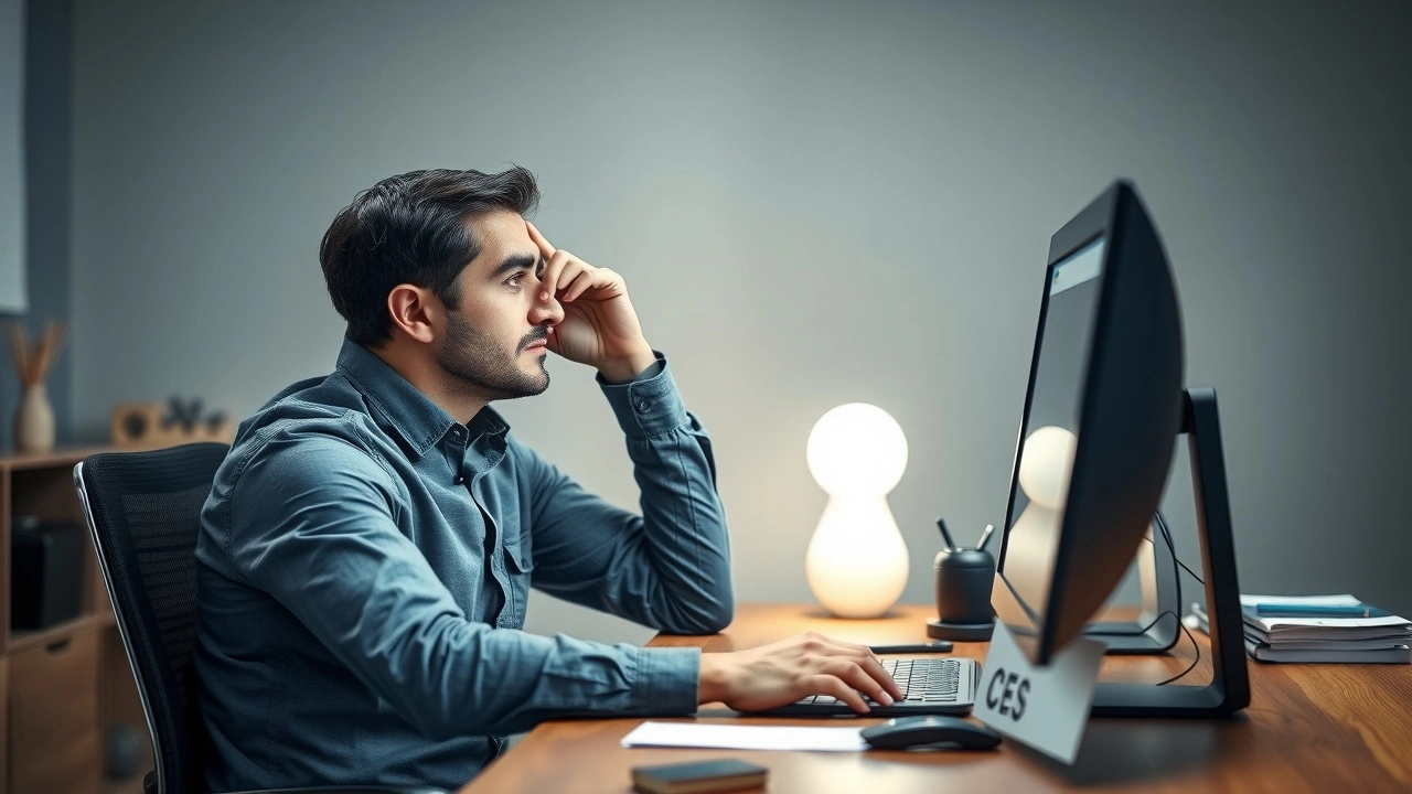 person stressed choosing a domain name at a computer