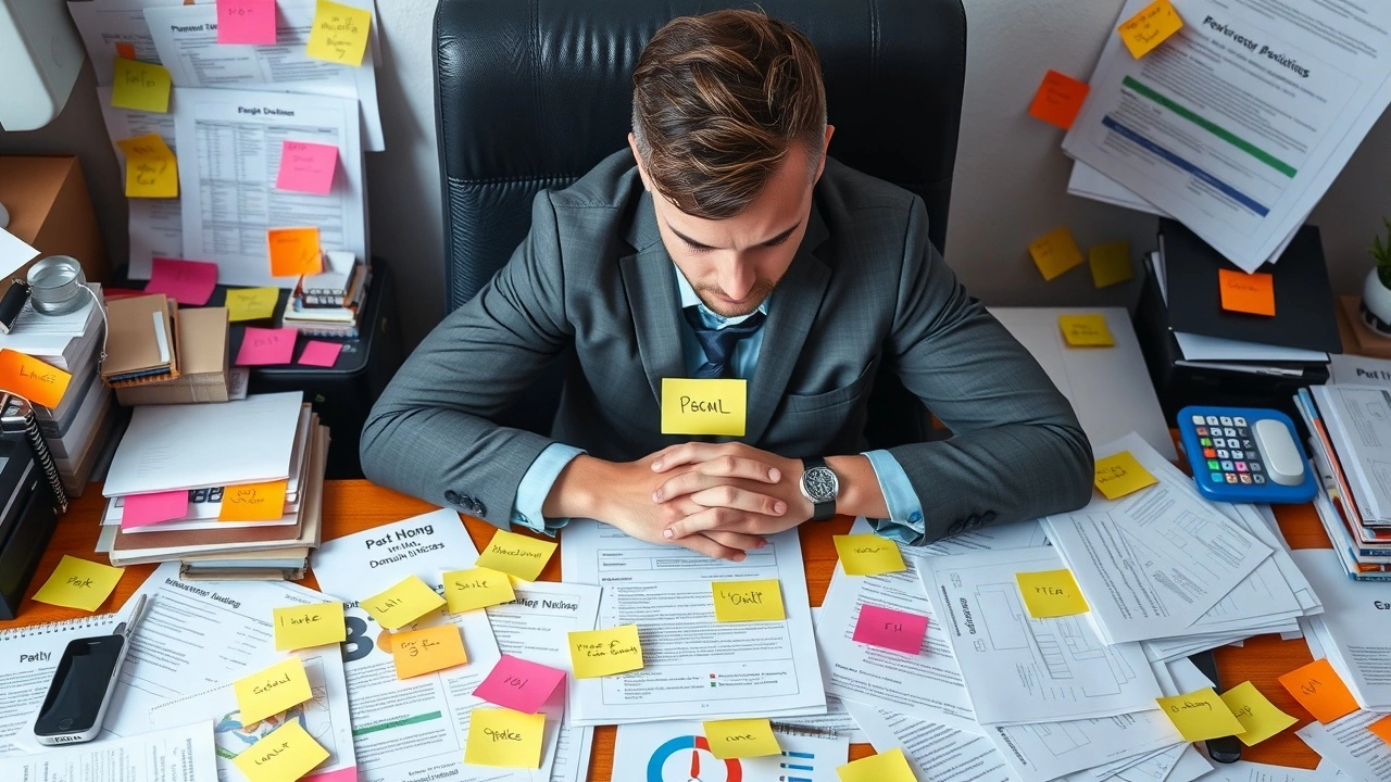 person surrounded by papers et post-it de noms de domaine