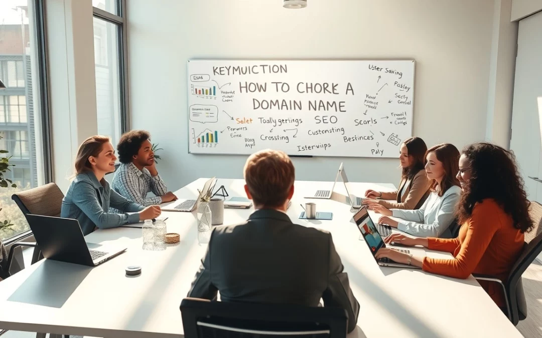 Illustration d'une session de brainstorming sur le choix d'un nom de domaine, mettant en avant la créativité et l'optimisation pour les utilisateurs et les moteurs de recherche.