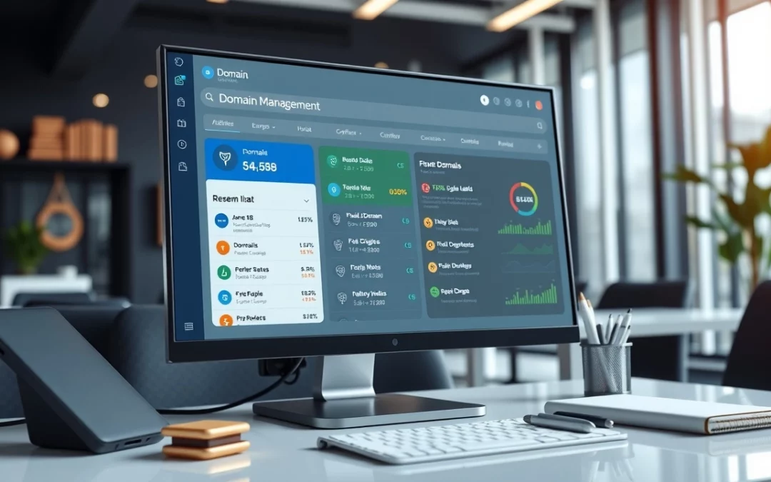 Illustration d'un tableau de bord de gestion de noms de domaine sur un écran d'ordinateur, entouré d'outils modernes.
