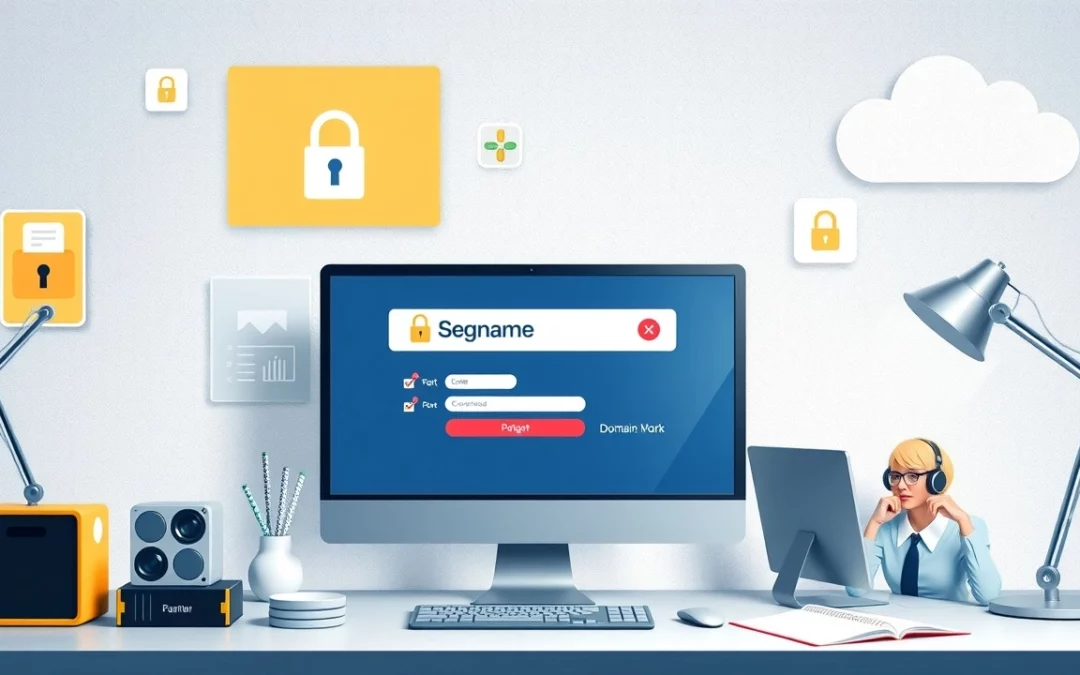 Illustration montrant l'achat et la gestion d'un nom de domaine avec un accent sur la sécurité en ligne.