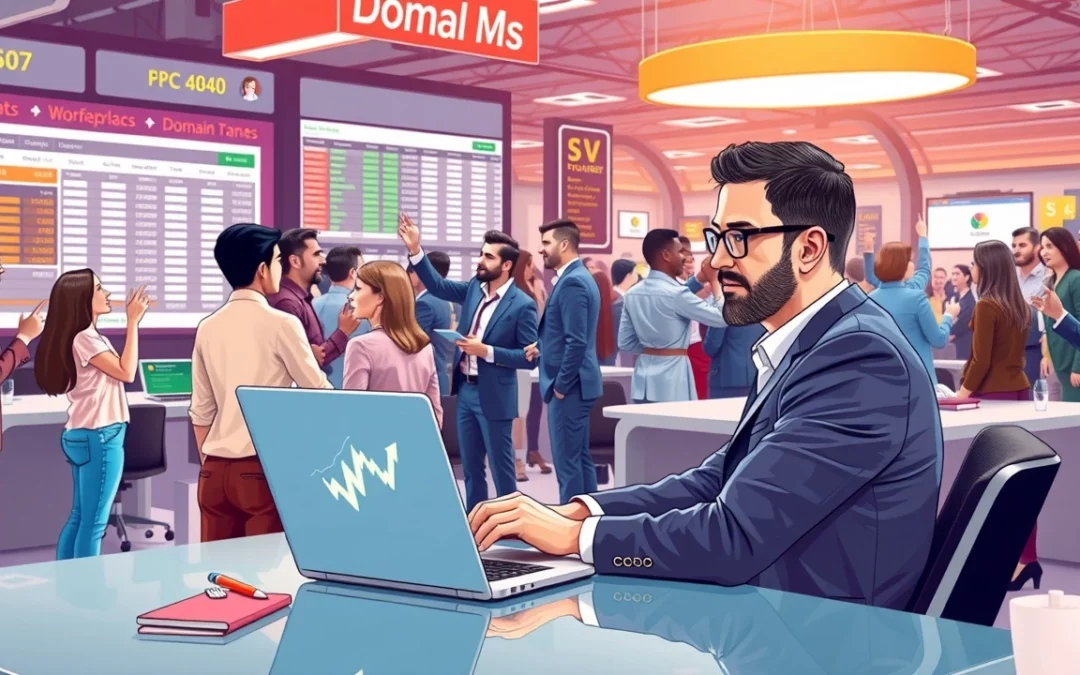 Illustration d'un marché dynamique où des personnes échangent des noms de domaine.