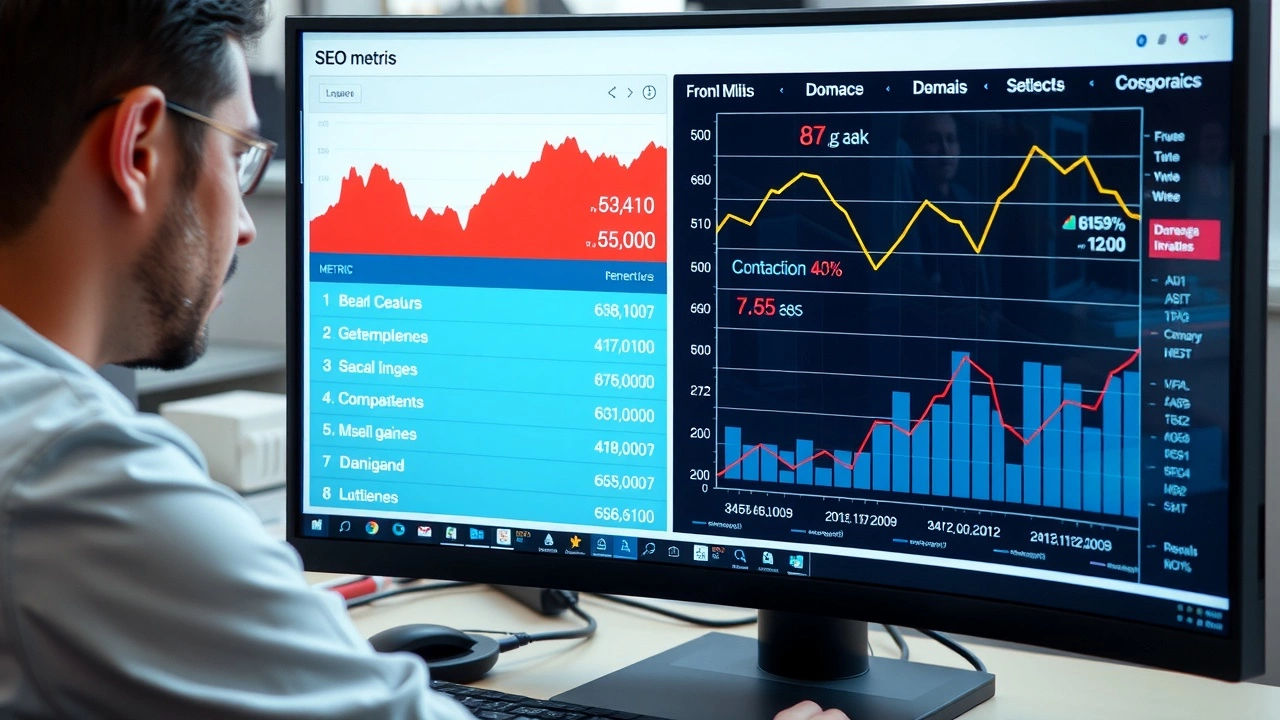 person analysant des metriques SEO sur un ordinateur