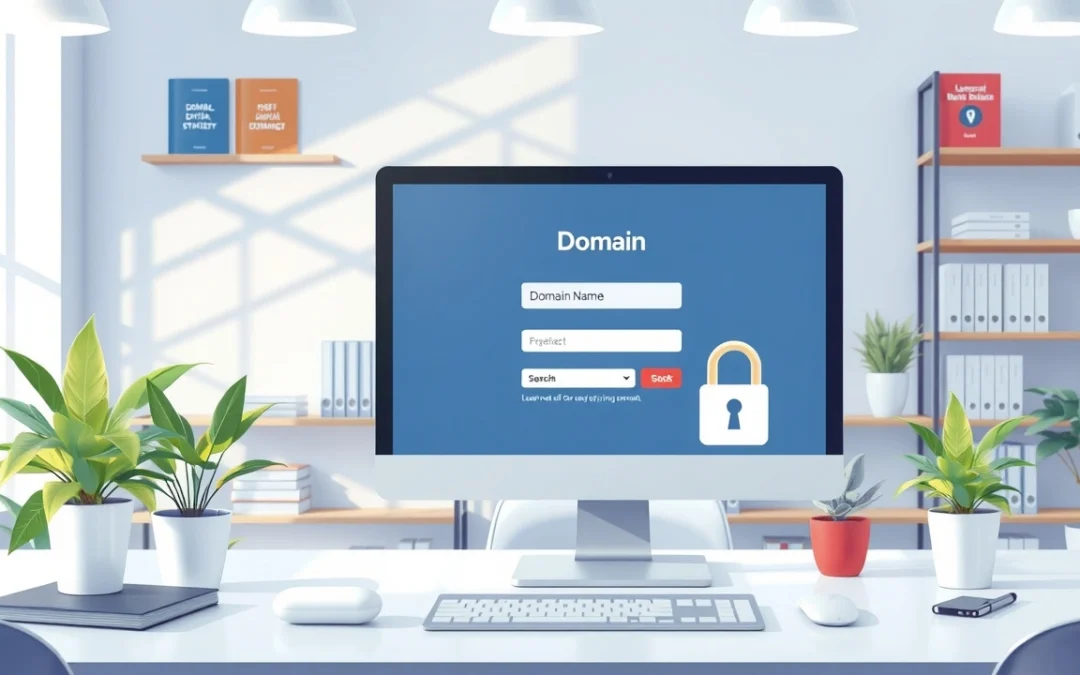 Illustration d'un bureau moderne avec un écran montrant un site de réservation de domaine, symbolisant la sécurité et la prise de décision éclairée.