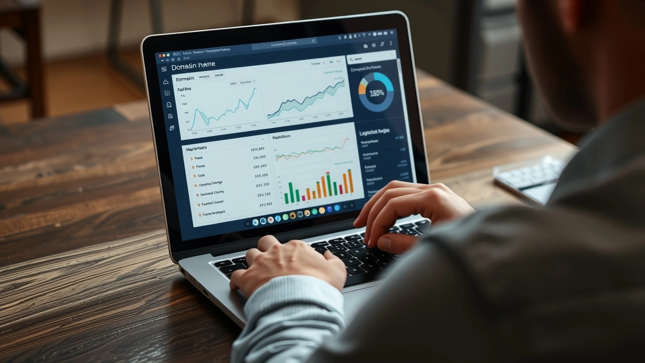 person regardant un nom de domaine sur un ordinateur