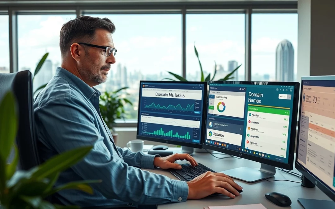 Une personne analysant des noms de domaine dans un bureau moderne.