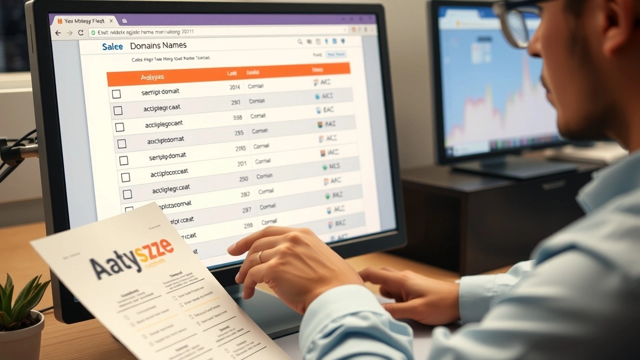 une personne analysant des noms de domaine sur un écran d'ordinateur