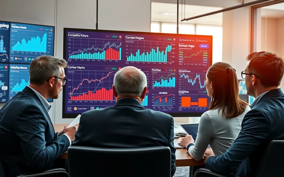 Une image représentant des professionnels analysons des données de marché sur des noms de domaine.