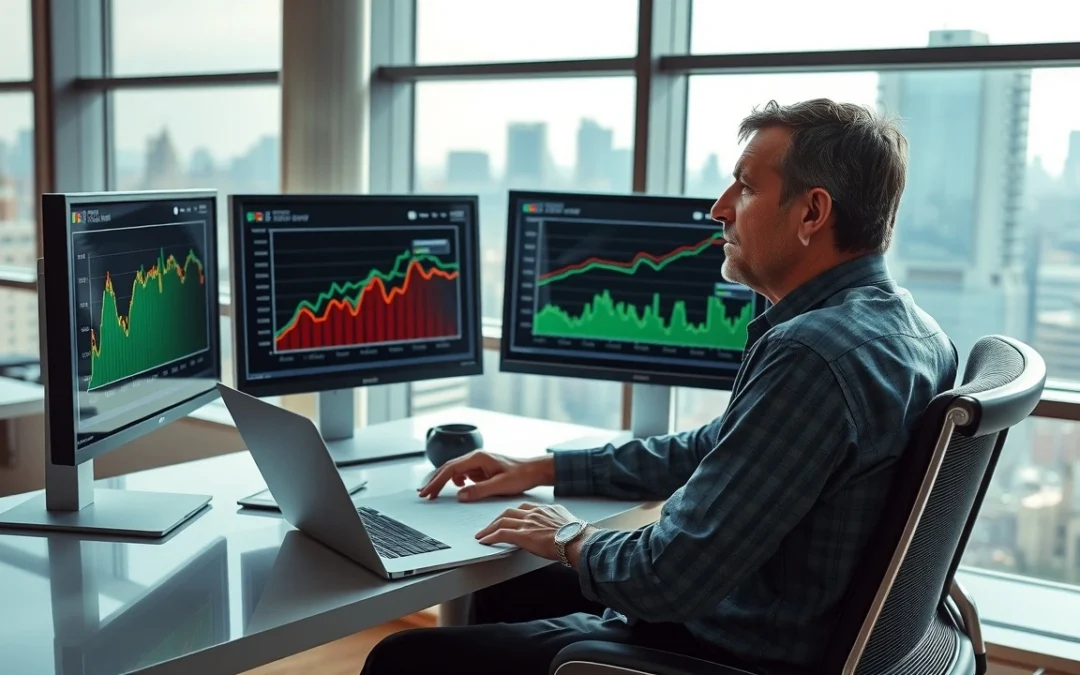 Une scène photoréaliste d'une personne analysant les tendances du marché des noms de domaine.