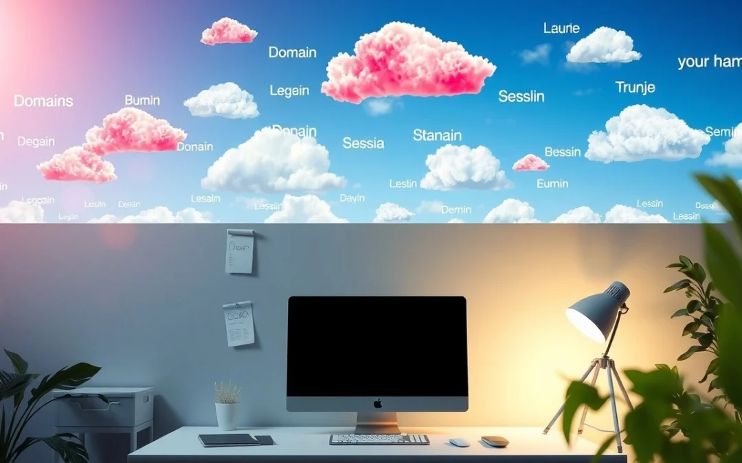 Une illustration photoréaliste d'un paysage numérique avec des noms de domaine flottants, symbolisant les stratégies de référencement.