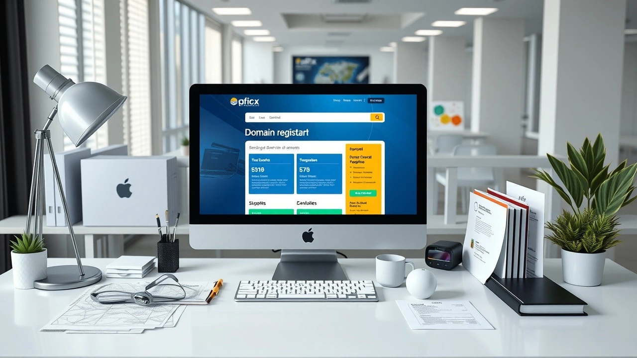 bureau moderne avec ordinateur et documents d'enregistrement de domaine