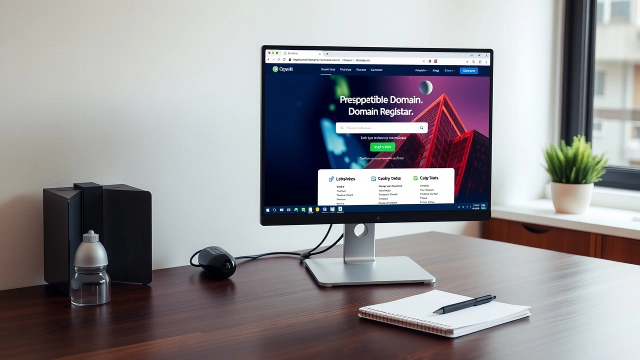 bureau moderne avec un ordinateur affichant un site de registrar