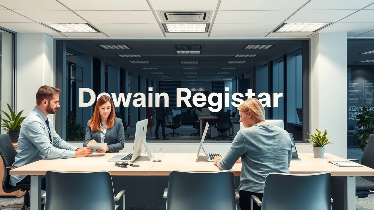 bureau d un registraire de domaine avec personnel aidant des clients