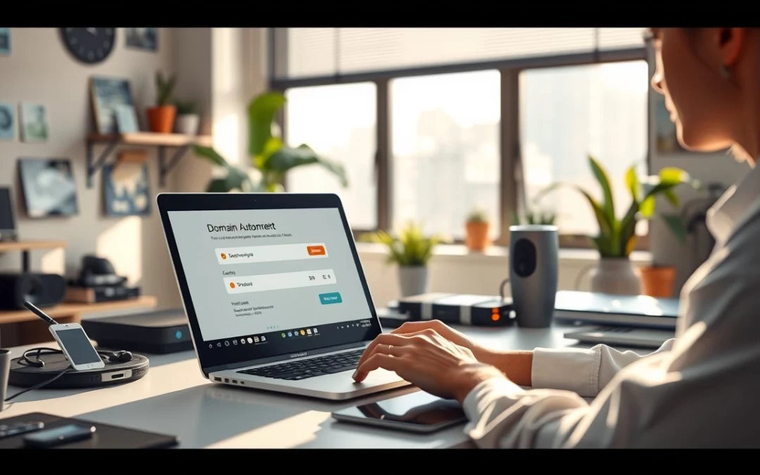 Une personne utilise des outils d'automatisation pour gérer l'achat d'un nom de domaine dans un bureau moderne.