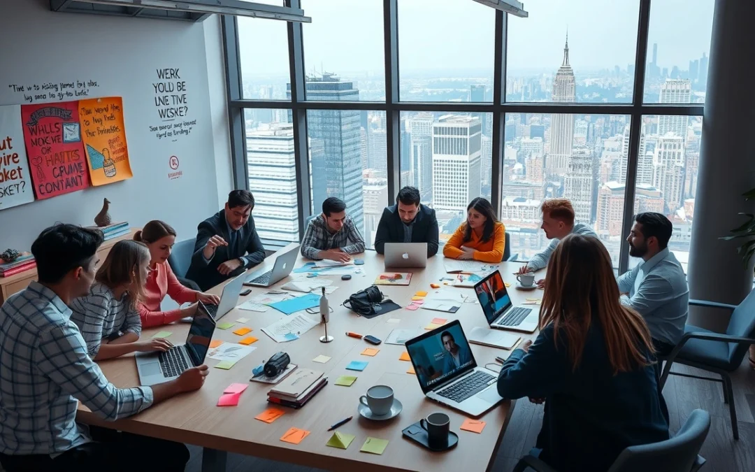 Une scène d'un bureau moderne où une équipe créative travaille ensemble pour améliorer la visibilité en ligne de leur marque.
