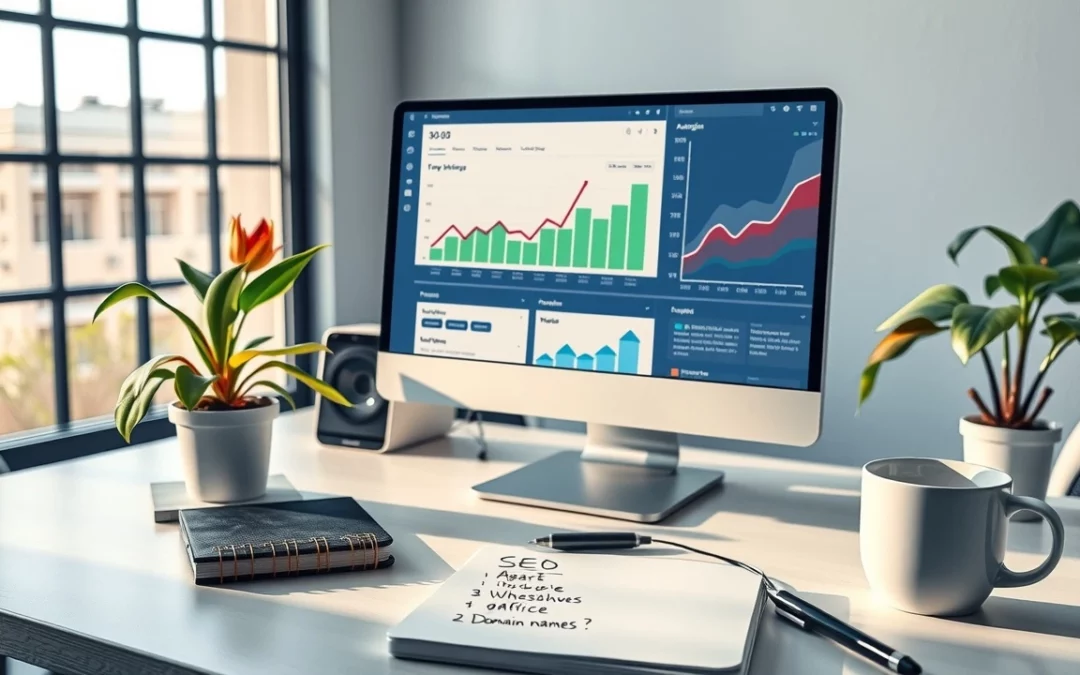 Une scène illustrant un bureau moderne avec des éléments de croissance digitale et d'optimisation SEO.