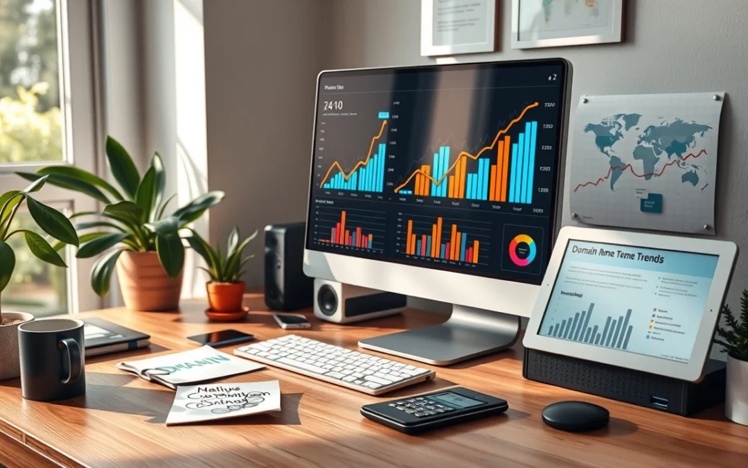 Une scène de bureau moderne illustrant des tendances de nom de domaine et des stratégies SEO.