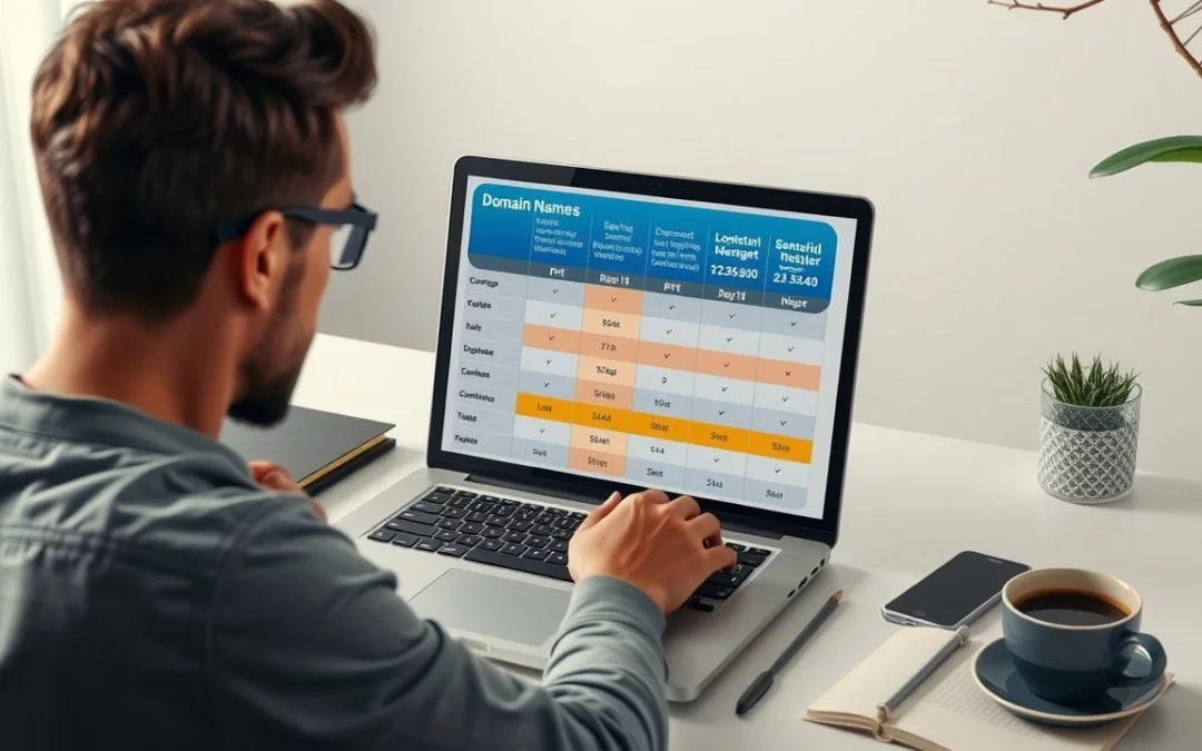 Une image montrant une personne dans un bureau moderne comparant des noms de domaine avec des tableaux sur un ordinateur.