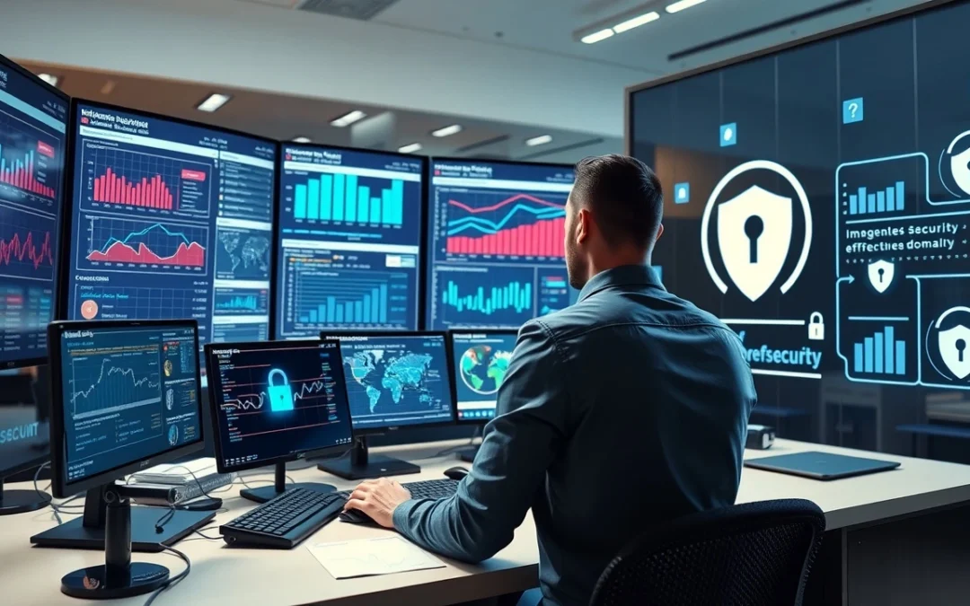 Une scène de bureau moderne où un professionnel de l'informatique analyse des données sur plusieurs écrans.