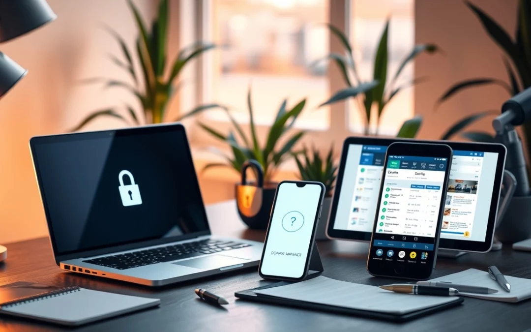 Une scène illustrant un bureau avec des appareils montrant un environnement numérique sécurisé.