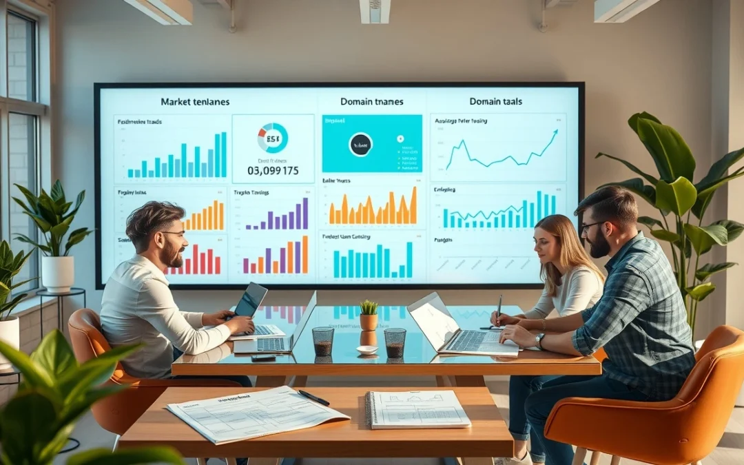 Un bureau moderne avec des professionnels analysant les tendances du marché pour choisir un nom de domaine.