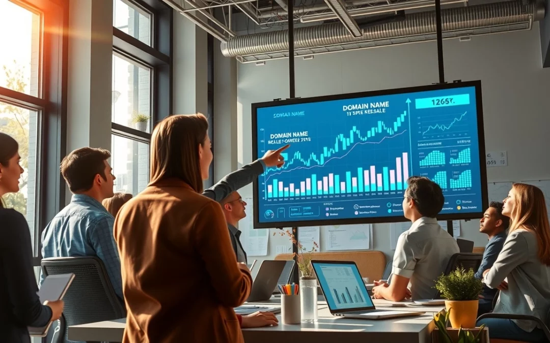 Des professionnels analysant les tendances de revente de noms de domaine dans un bureau moderne.