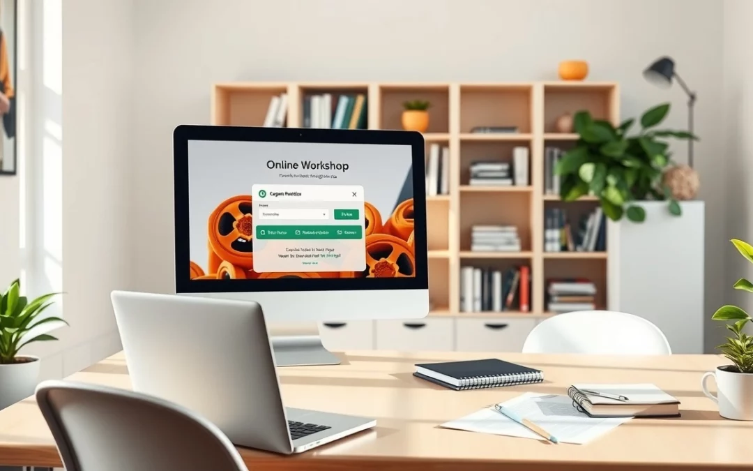 Bureau moderne mettant en avant le lancement d'ateliers en ligne.