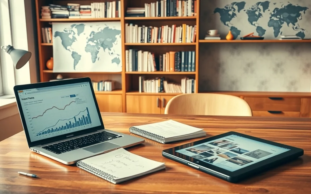 Un bureau moderne avec un ordinateur portable, un carnet, et des livres sur le marketing numérique.