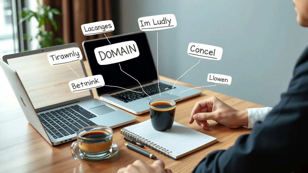 person avec un ordinateur et un carnet réfléchissant à un nom de domaine