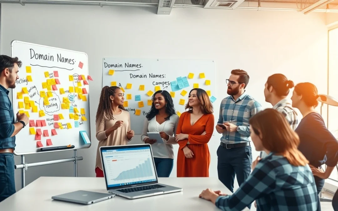 Scène illustrant des personnes en brainstorming sur des noms de domaine, symbolisant la connexion avec l'audience.