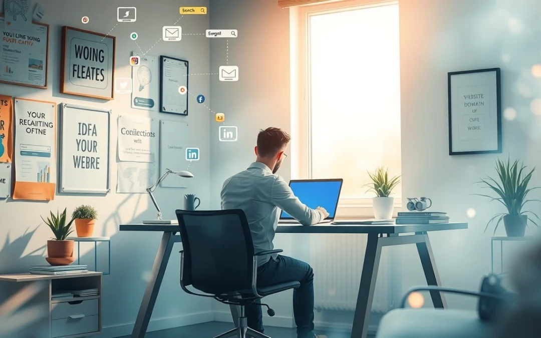 Une personne réfléchissant à un nom de domaine dans un environnement moderne, entourée d'éléments numériques.