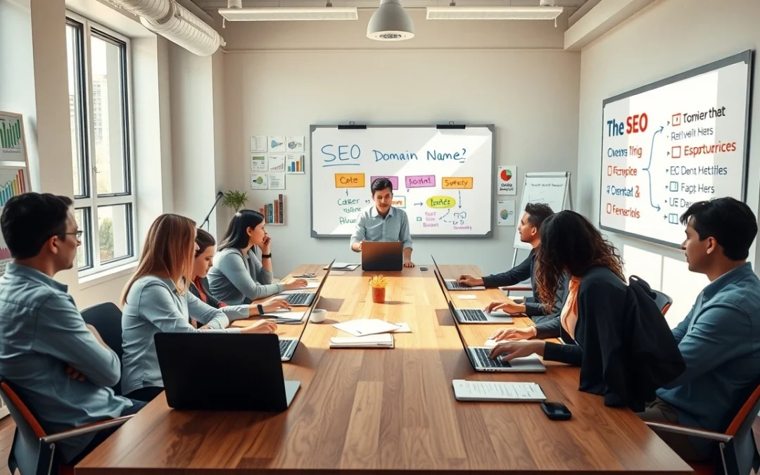Une illustration d'un groupe de professionnels réfléchissant à des noms de domaine dans un bureau moderne.