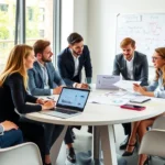 Une scene de reunion d'affaires avec des professionnels discutant de strategies numeriques.