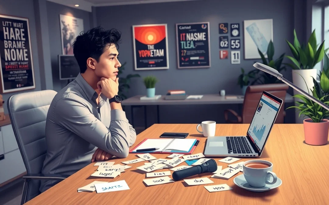 Une illustration photoréaliste montrant une personne réfléchissant à des idées de nom de domaine.
