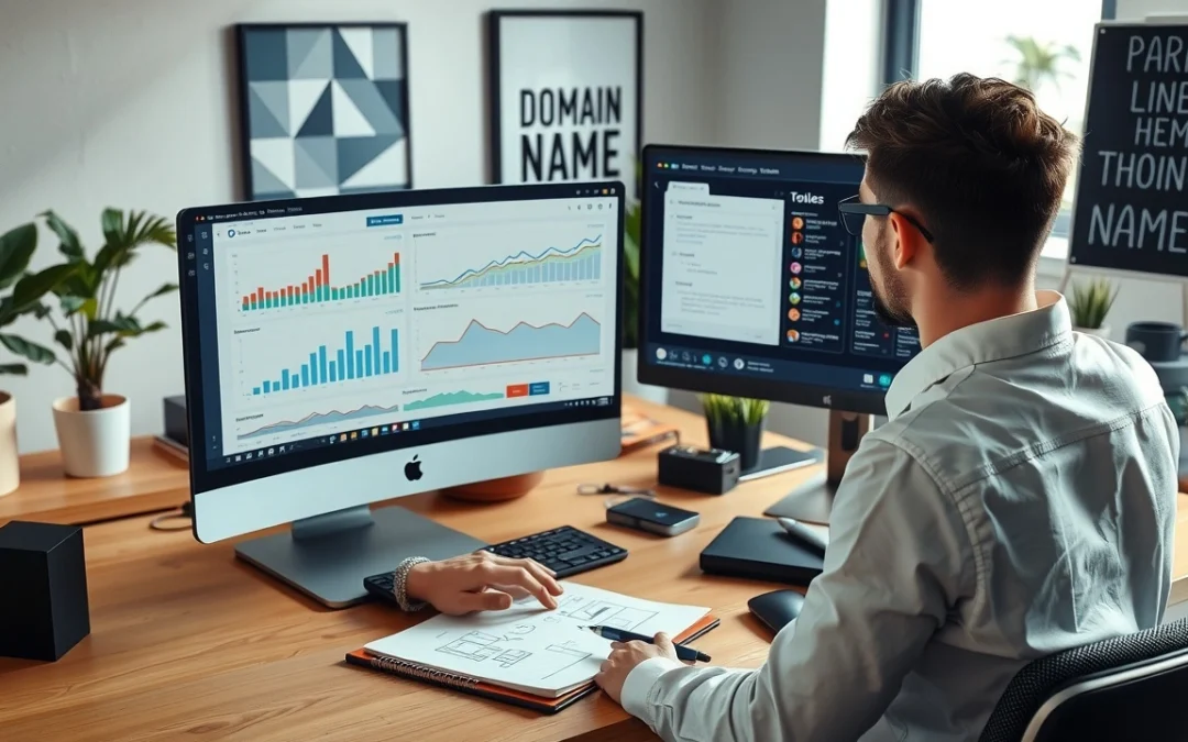 Une personne travaillant sur la disponibilité d'un nom de domaine avec des éléments SEO.