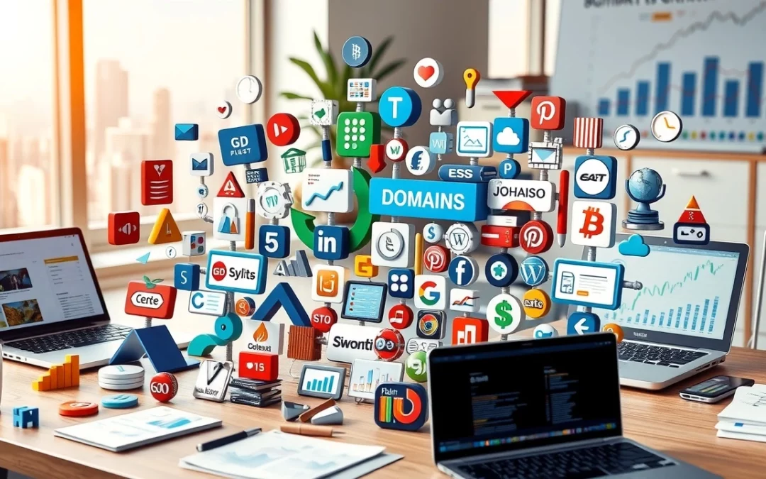 Une image illustrant une diversification de portefeuille de noms de domaine dans un bureau moderne.