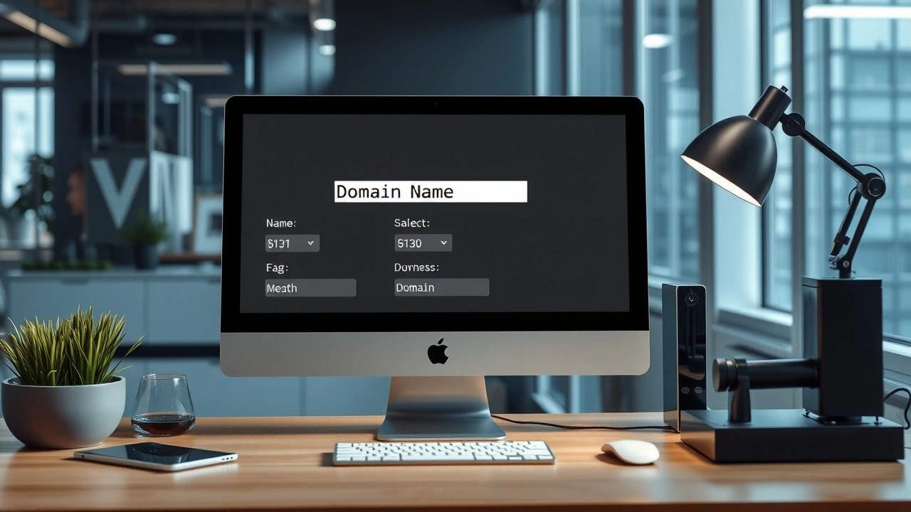 espace de travail moderne avec un ordinateur affichant un choix de domaine