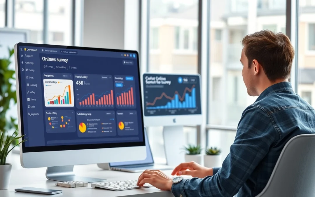 Une illustration d'un espace de travail moderne avec une plateforme de sondages en ligne.