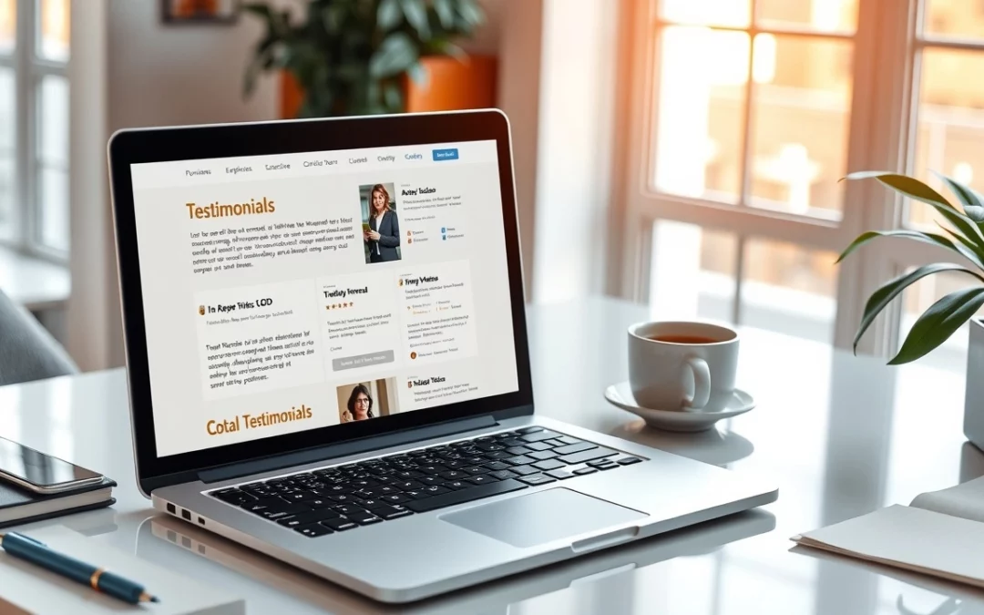 Un espace de travail moderne avec un site web de témoignages sur un ordinateur portable.