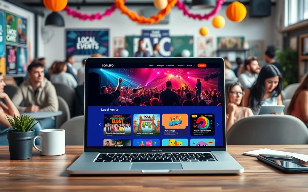 Un espace de travail moderne pour la planification d'événements en ligne, avec un ordinateur portable affichant un site d'événements locaux.