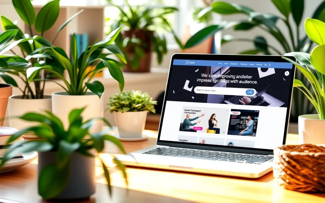 Un espace de travail serein et inspirant avec un ordinateur portable, symbolisant la connexion avec l'audience.