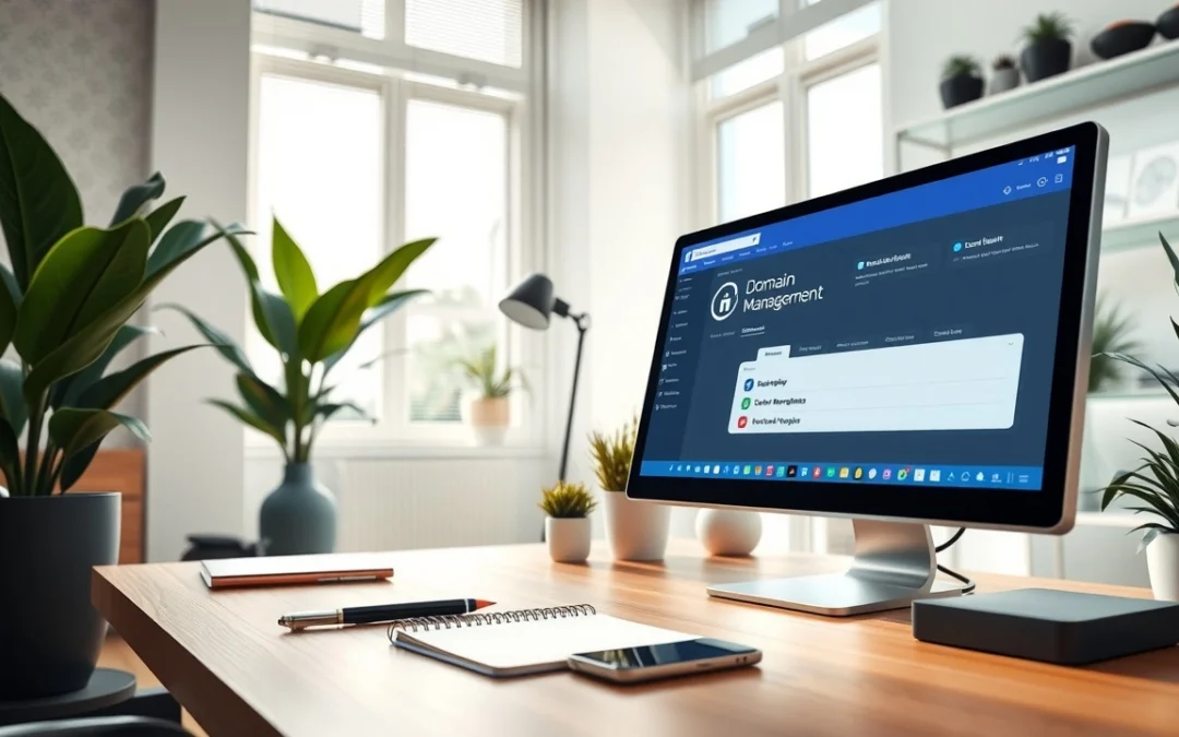 Une représentation photoréaliste d'un espace de travail moderne montrant la gestion de domaine.