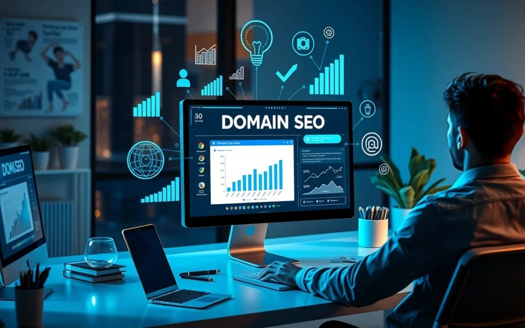Illustration d'un espace de travail numérique avec des graphiques et des recherches de noms de domaine.