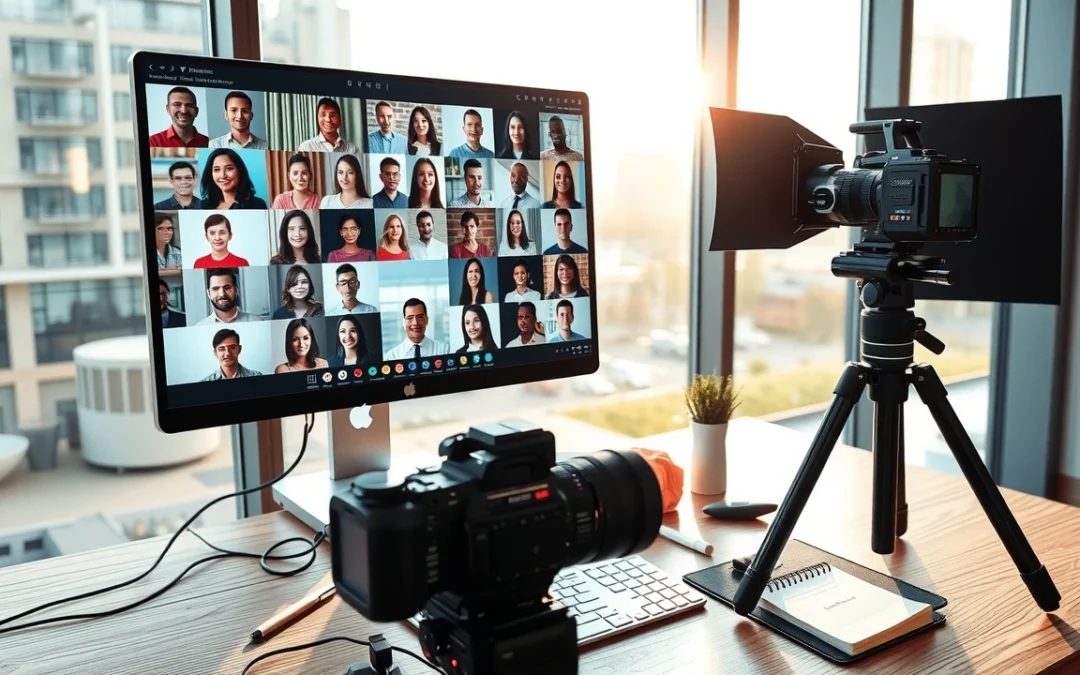 Un espace de travail moderne avec des témoignages vidéo et des outils de marketing digital.