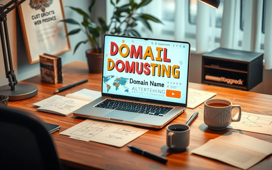 Un espace de travail créatif axé sur le nom de domaine et la présence en ligne.