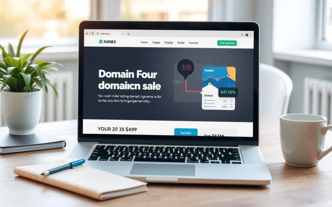 Espace de travail numérique illustrant la vente d'un nom de domaine avec du contenu engageant.